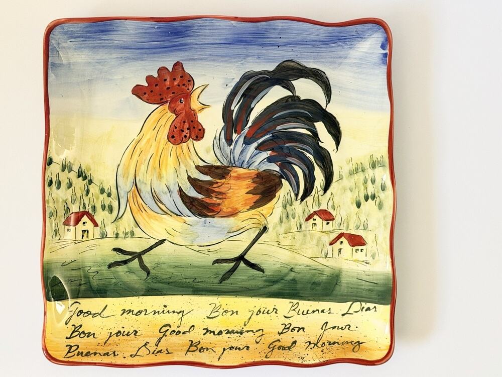Maxcera CockaDoodle Rooster Square 11” Serving Plate w Scalloped Edges